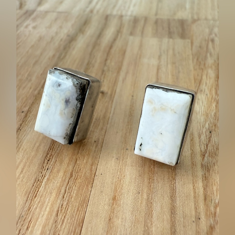 Vintage IRV Navajo Made rectangular White Buffalo Sterling Silver Post Earrings